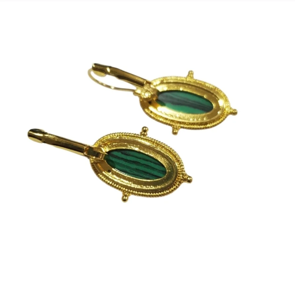 18k Gold Plated Malachite Cabochon Dangle Earrings
